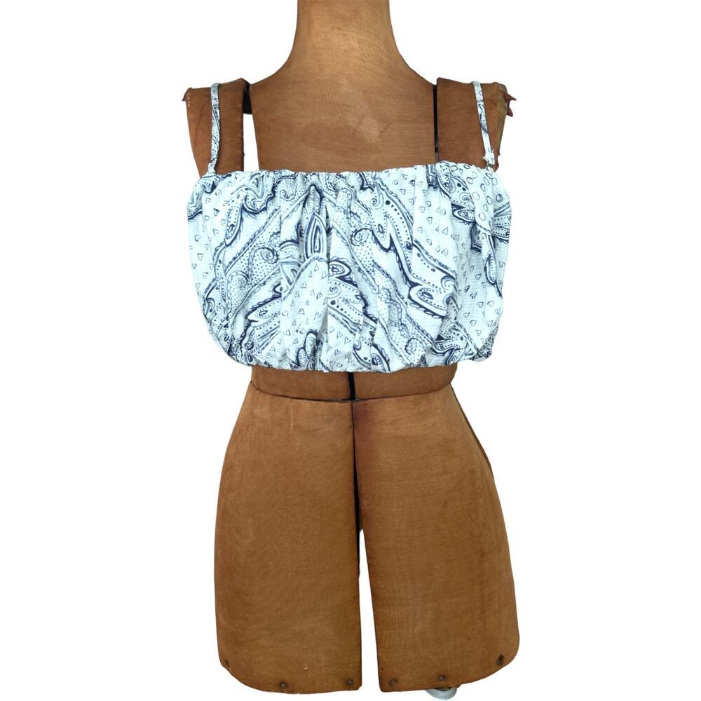 Anthropologie Sz LRG Petite Crop Top White Blue Bandana Print Back Elastic NWT